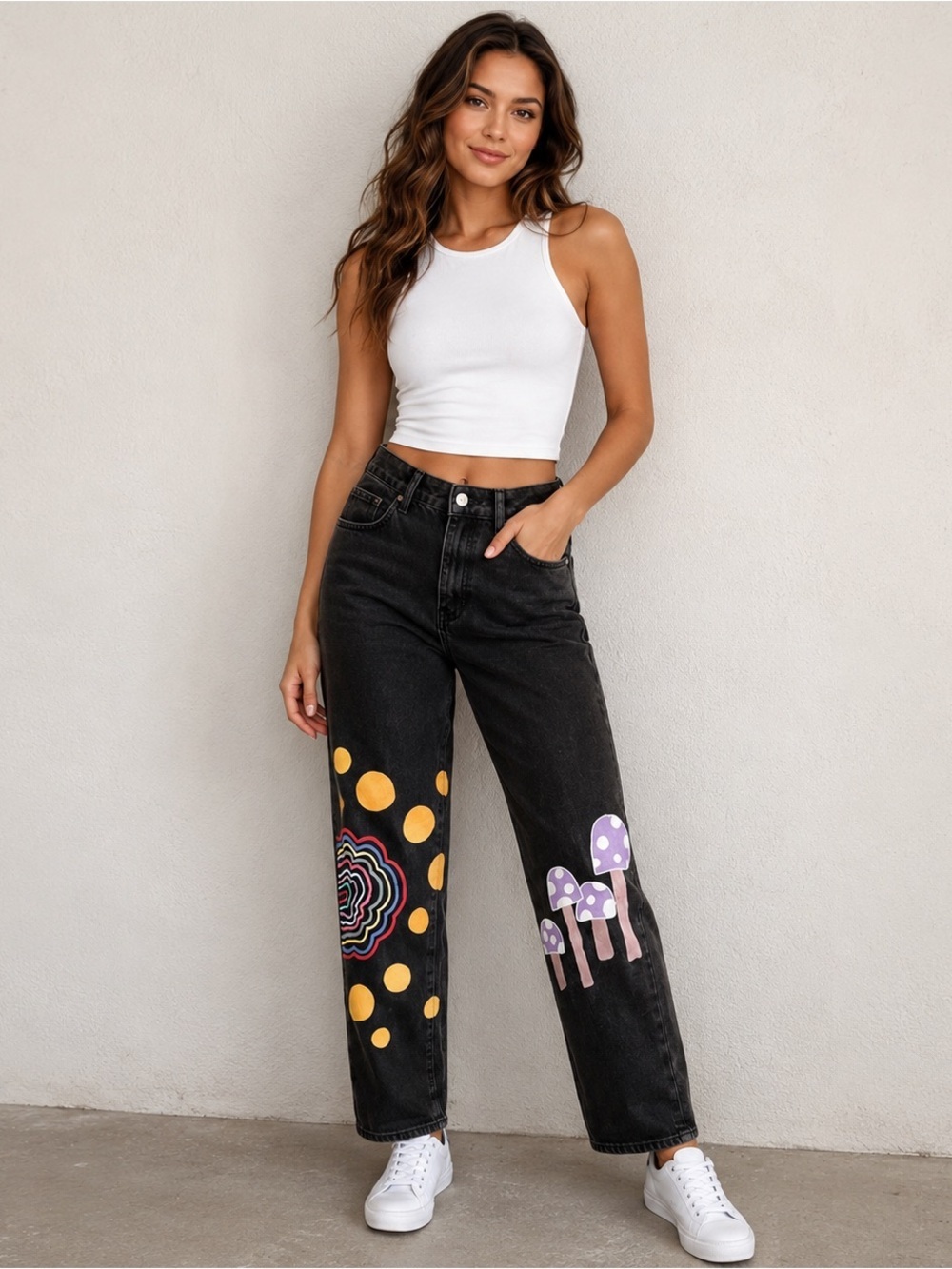 Pacsun Hand Painted Patchwork Black Denim Relaxed Jeans Size 26